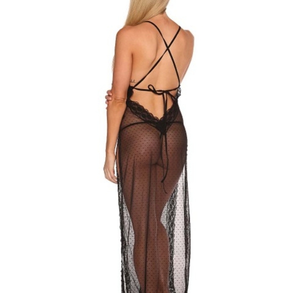 NWT Lace & Dotted Sheer Adj Laced Back Gown Sz L - Picture 2 of 7